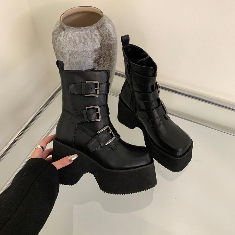 

Модные черные ботинки на платформе женские массивные туфли на высоком каблуке осенние ботильоны женские мотоциклетные ботинки панк с круглым носком ботильоны женские 40 чёрный
