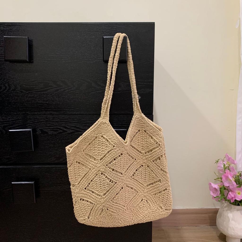 Nieuwe Trend Dames Tas Haakwerk Handtas Retro Gebreide Effen Kleur Holle Top-handle Tote Tas Reizen Shopper Schoudertas