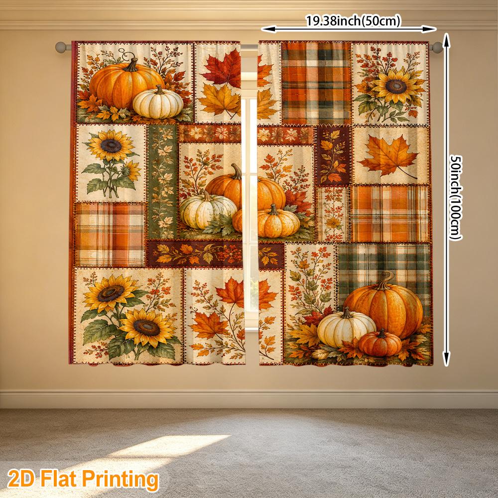 2pcs Rod Pocket Curtain with Autumn Patchwork Pumpkins Leaves Sunflowers Print, Stylish Window Drapes for Home Decor Living Room Bedroom