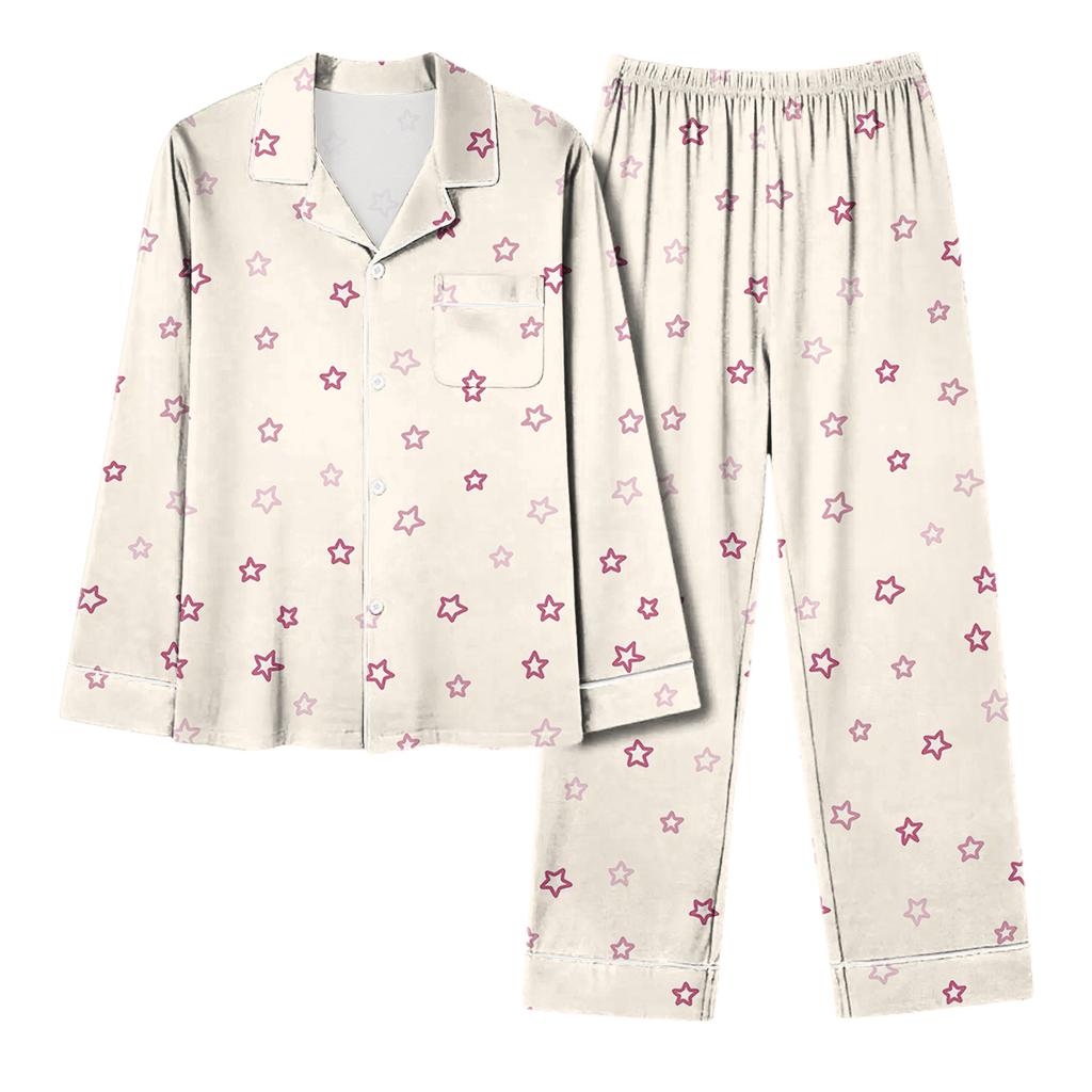 Women's Casual Fashion Loose-Fit Bow Print Long-Sleeved Trousers Homewear Set
