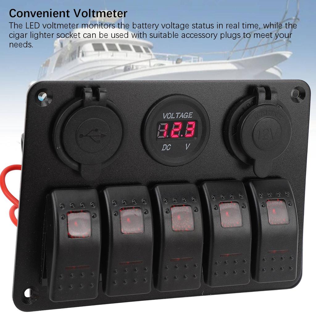 Switch Panel DC 12 to 24V 5 Gang Aluminum Alloy IP65 Water Resistant Prewired Rocker Switch Panel with Dual USB Cigar