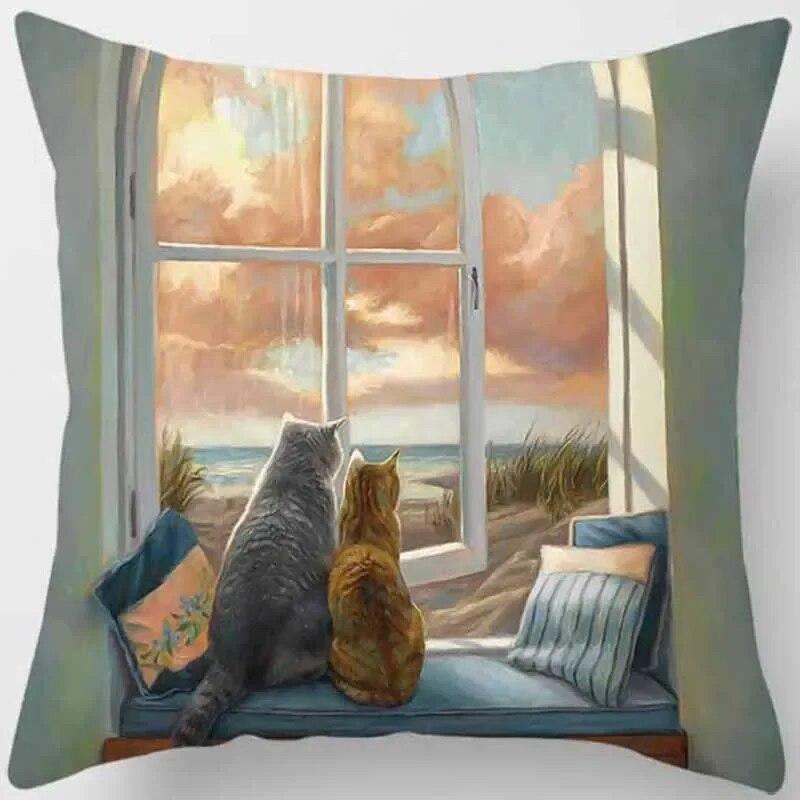 45x45cm Cute Cat Print Square Pillowcase Living Room Sofa Car Office Cushion Cover Bedroom Home Decoration