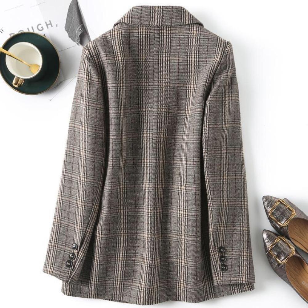 Women's Notched Collar Long Sleeve Blazer Loose Fit Casual Plaid Coat Elegant Office Outerwear
