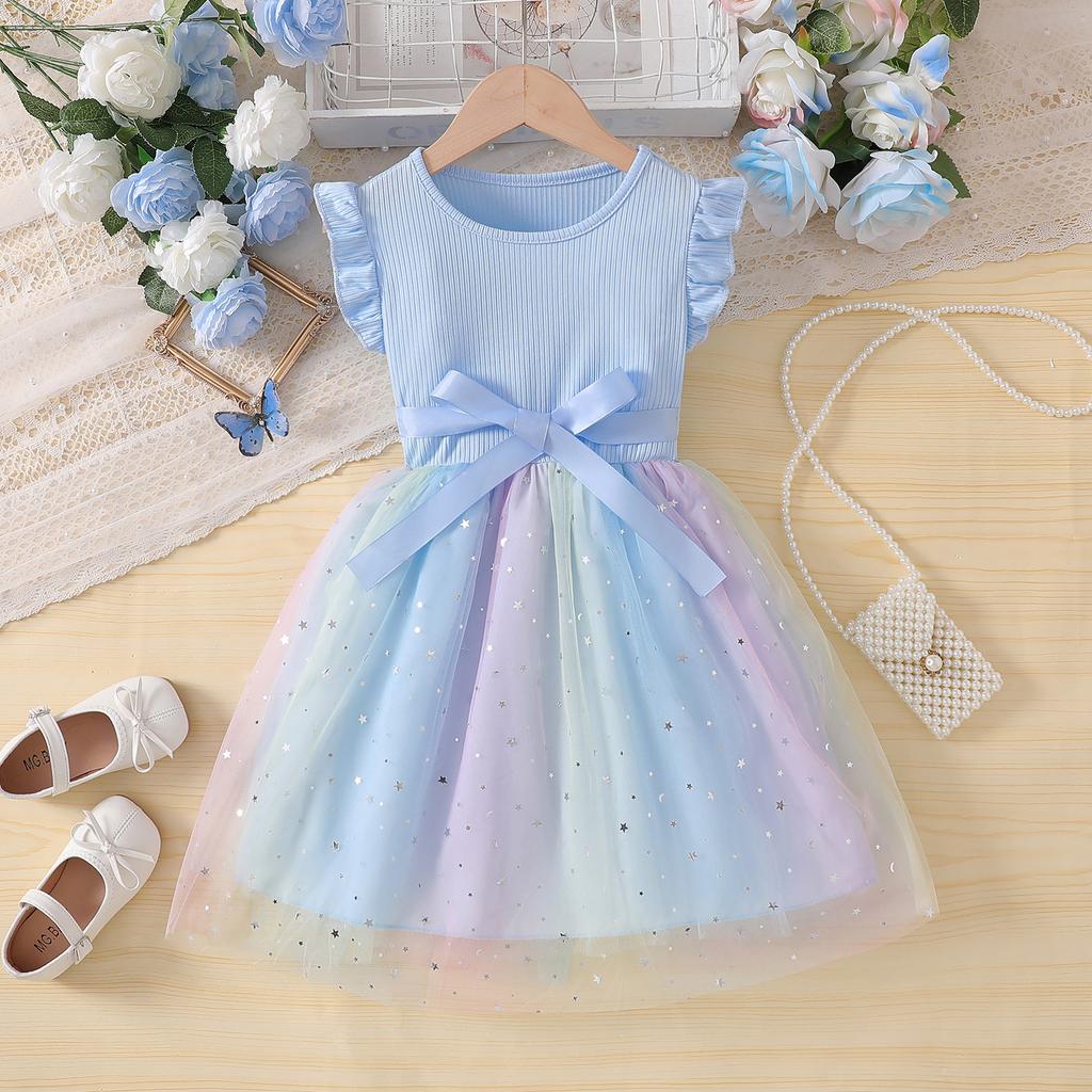 Dziewczęca Sukienka z Siateczkowymi Panelami w Kolorach Gwieździstego Nieba Letnia Moda Dziecięca Sukienka Księżniczki