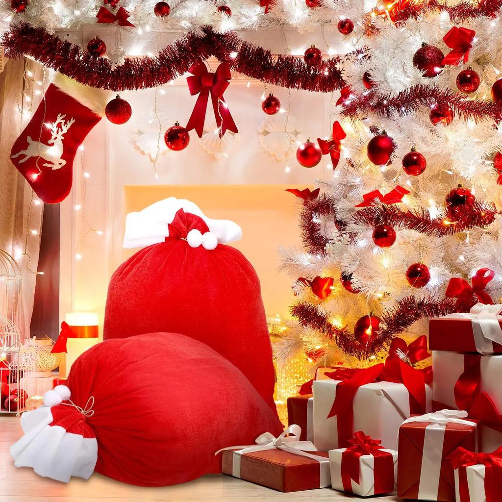 Large Santa Gift Bags For Elderly Christmas Drawstring Candy Bags Red Flannel Presents Packaging Sack Party Decoration Supplies