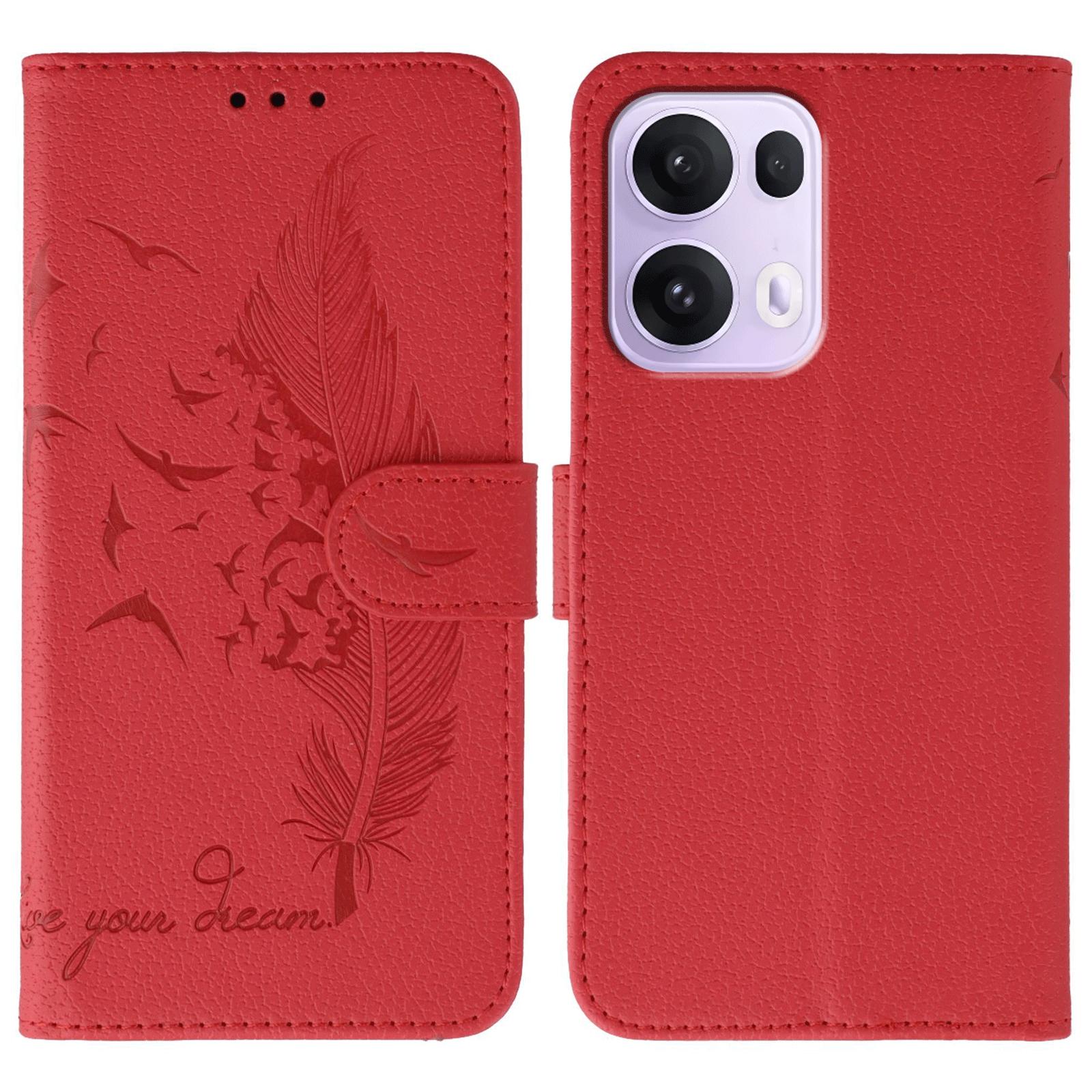 

For Oppo Reno13 Pro 5G Case Feather Imprint PU Leather Wallet Phone Cover Red