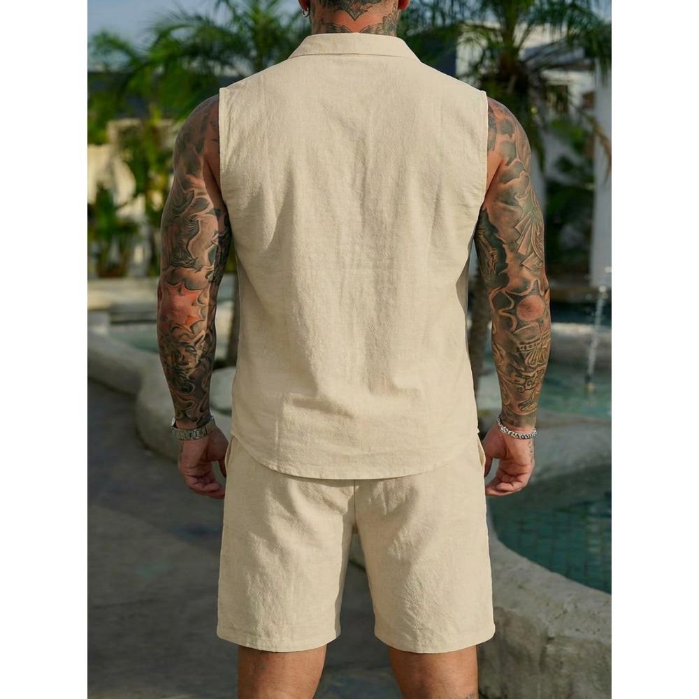 Men’s Summer Sleeveless Collared Shirt Set – Plain-Coloured Linen Casual Beach Outfit