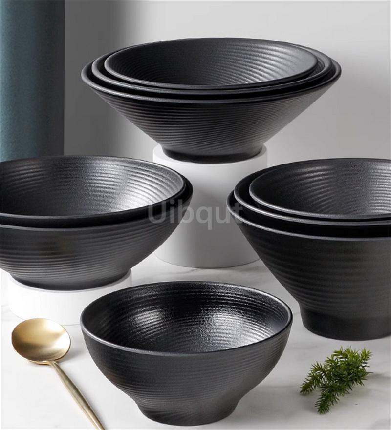 Black Melamine Tableware Black Matte Stripe Ramen Bowl Plastic Household Rice Noodle Salad Bowl Kitchen Dumpling Ramen Bowl Set