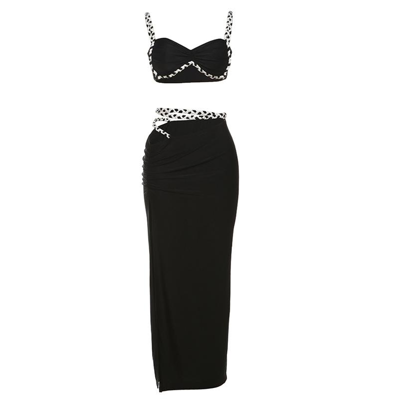 New Spring and Summer Women's Clothing Personality Contrast Color Camisole Sexy Slim Side Slit Skirt Suit