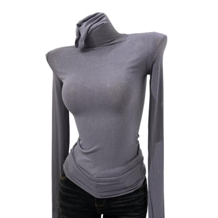 High Collar Long Sleeve Slim Base Shirt Women Solid Color Elastic Tops for Autumn Winter