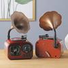 Vintage Gramophone Music Box Retro Mini Ornament, Wood Grain Phonograph Shaped Decorative Bar And Cafe Decor Box, Desktop Figurine for Shop
