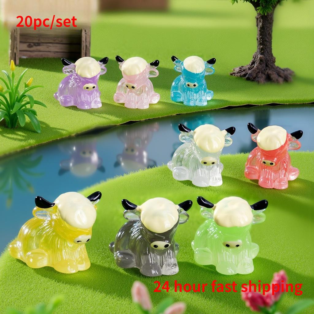 20Pcs Luminous Charming Mini Highland Cow Figurines Cute Resin Animal Sculptures For Diy Crafts Dollhouse Garden For Room Decor