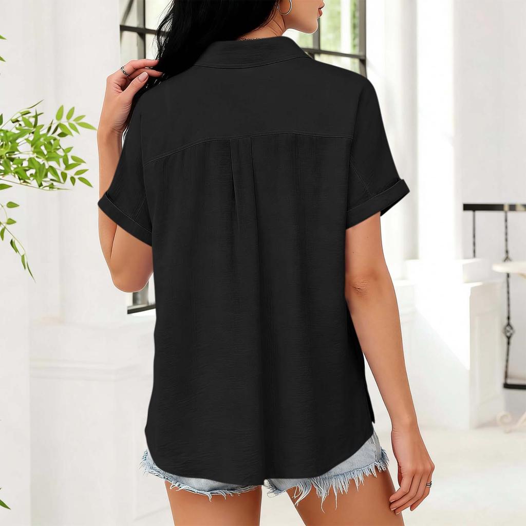 Dámská módní barevná límcová košile s krátkým rukávem, kapsou na knoflík, ležérní volný top