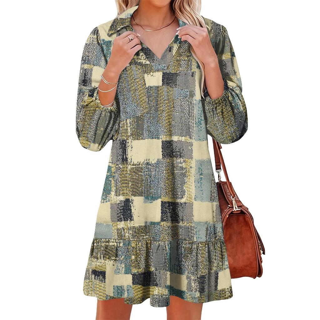 Women's fashionable and elegant long-sleeved V-neck pocket plaid print dress