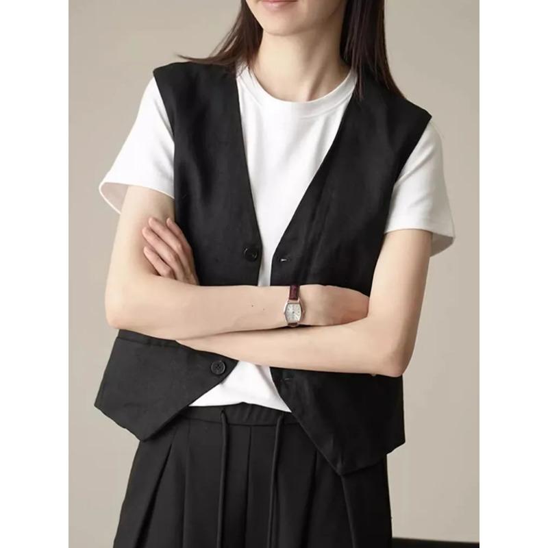 Gilet décontracté sans manches à boutonnage avant et col en V noir pour femme au printemps