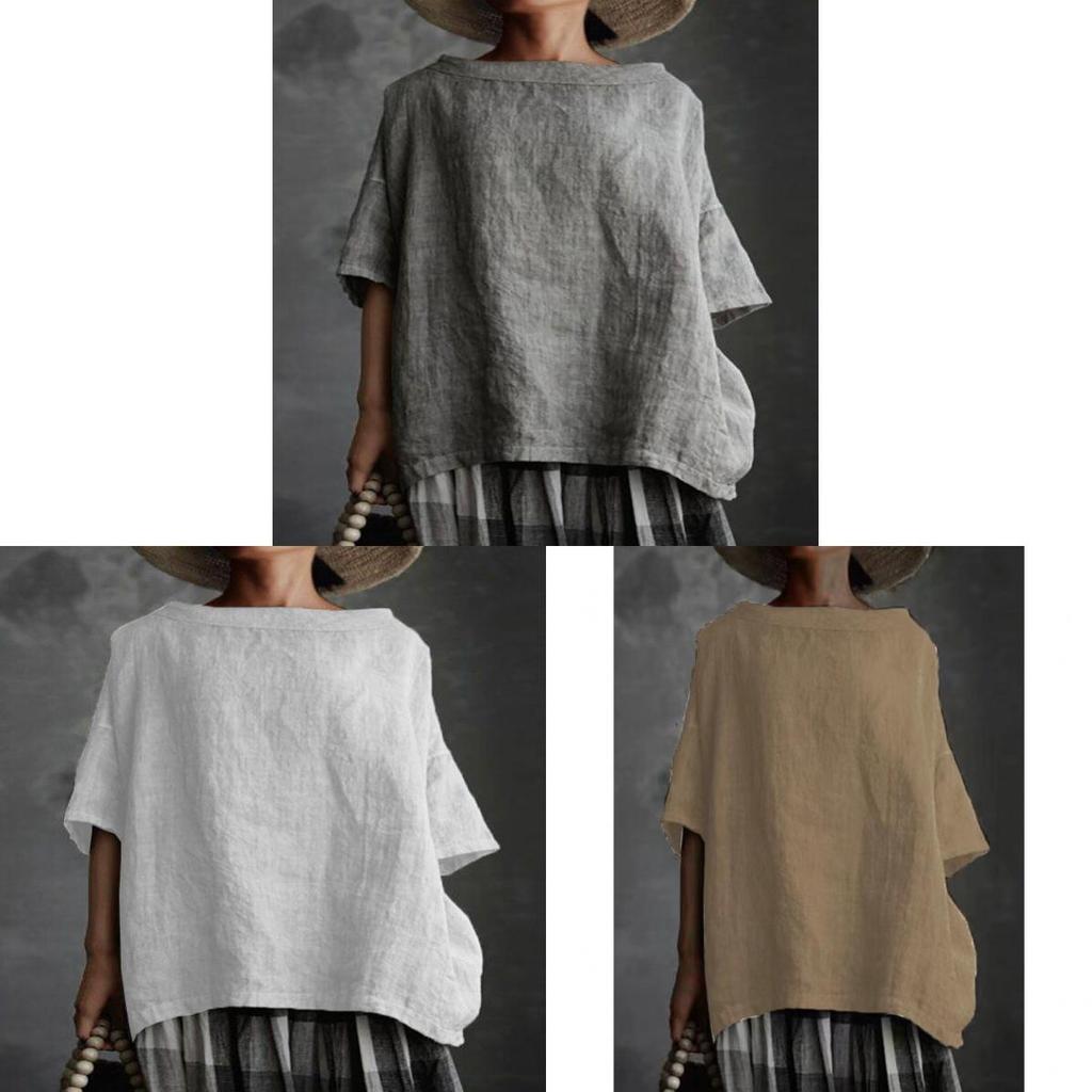 Vintage Art Style Cotton Linen T Shirt With Splicing Details For Casual Wear