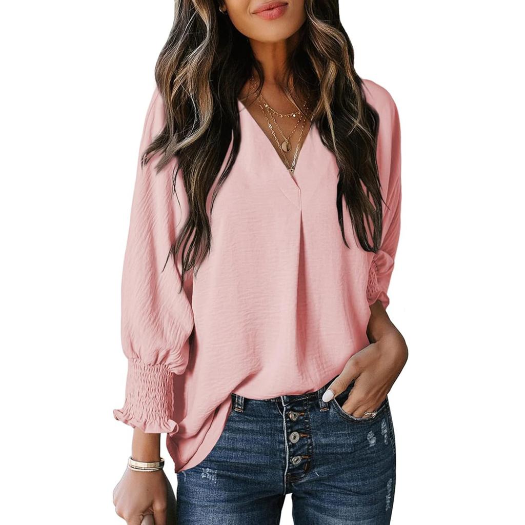 Women V Neck Long Sleeve Smocked Cuff Pleated Casual Blouse