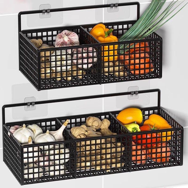 1/2/3 Grid Onion Ginger Garlic Kitchen Shelf Wall Hanging Condiments Spice Vegetable Fruit Storage Rack Drain Basket Punch-Free