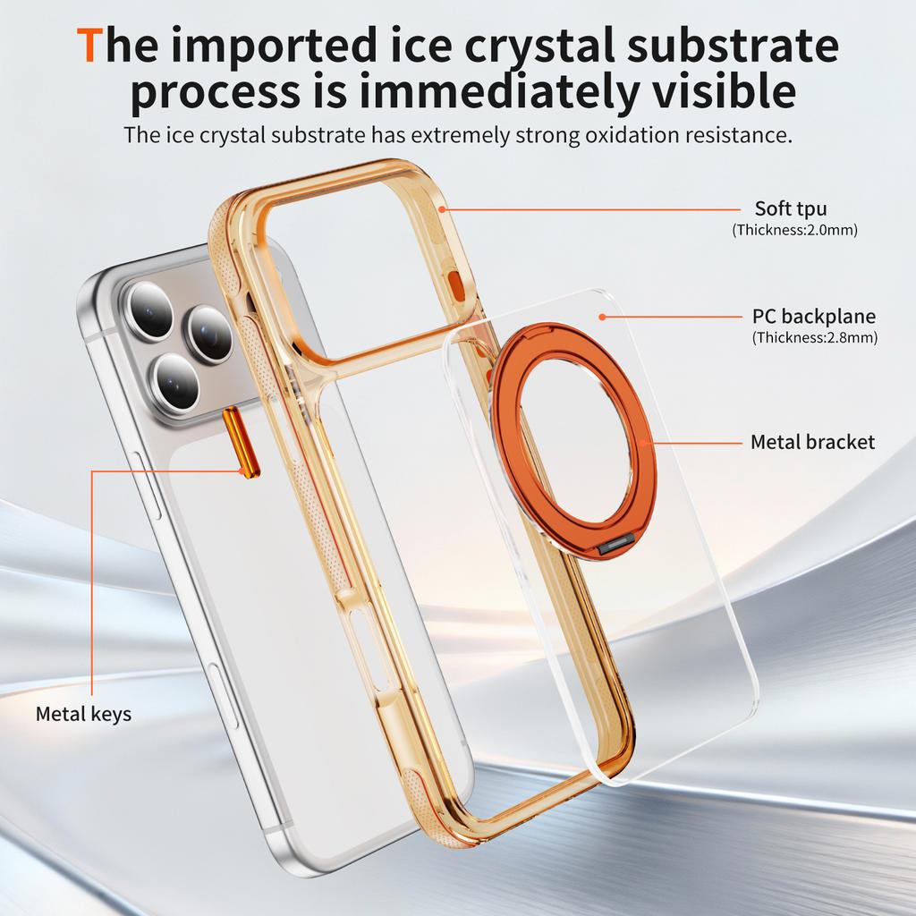 Crystal Clear Magnetic Case With Metal Gear Kickstand Anti Slip Raised Camera Protection For iPhone 12 13 14 15 16 17 Pro Max Wireless Charging