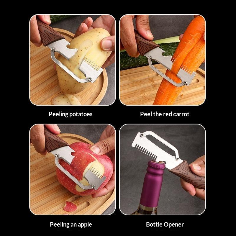 Multifunctional Vegetable Peeler With Sharp Stainless Steel Blade Wood Grain Handle For Kitchen Fruit Potato Peeling