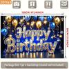 2D Blue Gold Happy Birthday Backdrop, Glitter Balloon Photography Background for Party