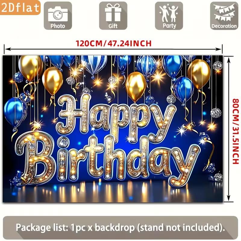 2D Blue Gold Happy Birthday Backdrop, Glitter Balloon Photography Background for Party