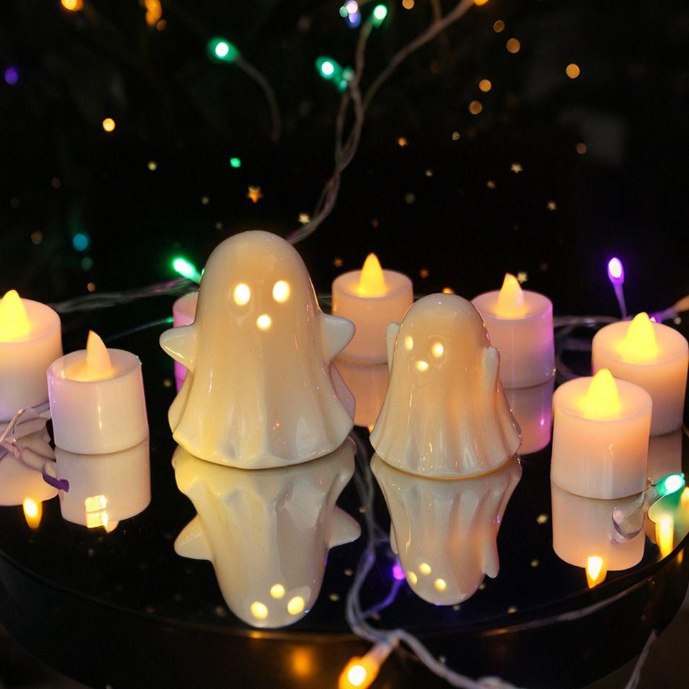 2pcs Ceramic Halloween LED Ghost Ornaments Cartoon Halloween Party Decoration  Bedroom