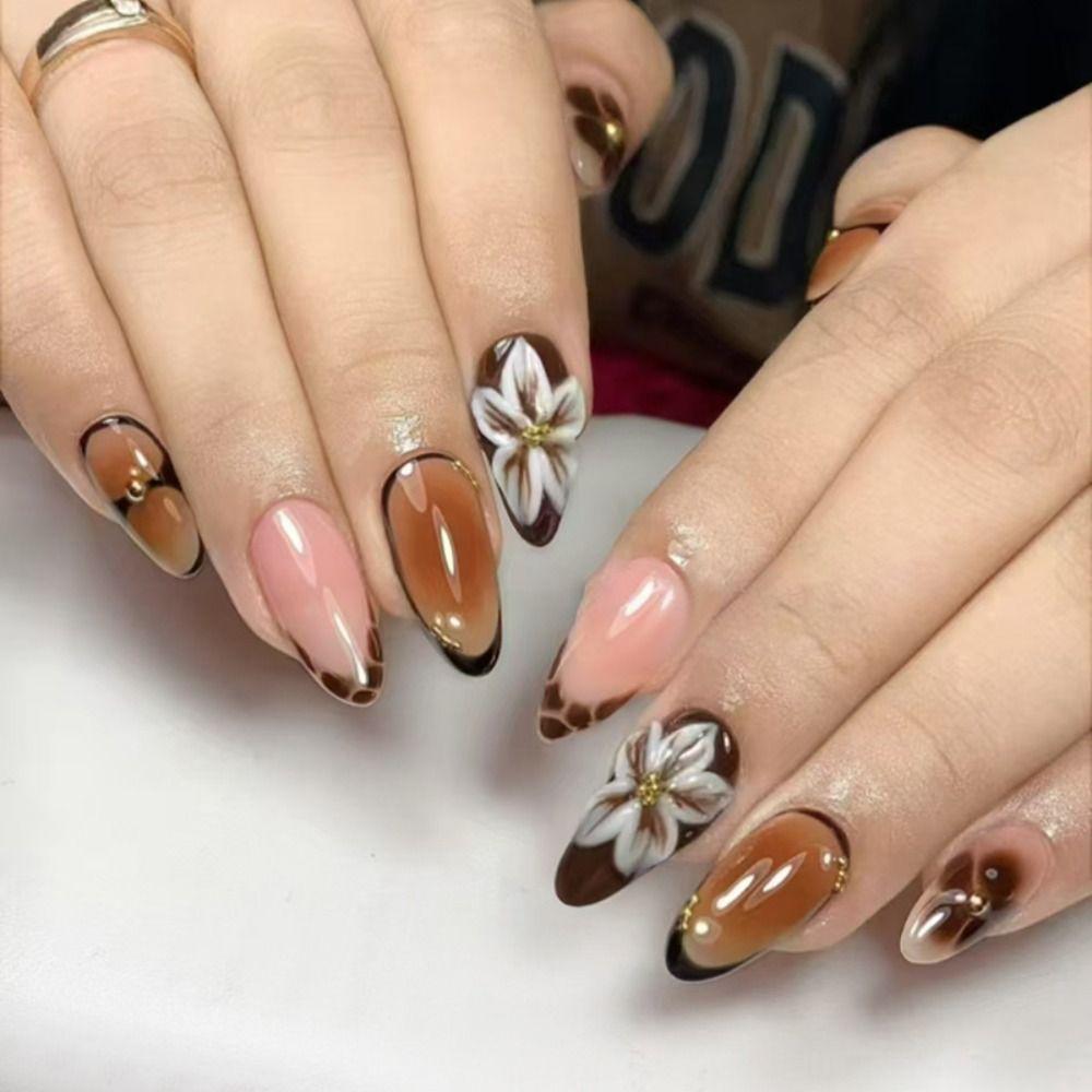 24pcs Manicure Long Almond False Nails Aurora Wave Bow Pearl Press On Nails Detachable Flower Starburst Fake Nials DIY