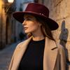 Retro Flat Top Hat Hat, Wool Felt Pork Pie Bowler with Elegant Metal Ring, Wide Brim Trilby for Women Men Autumn Winter Warm Fedora