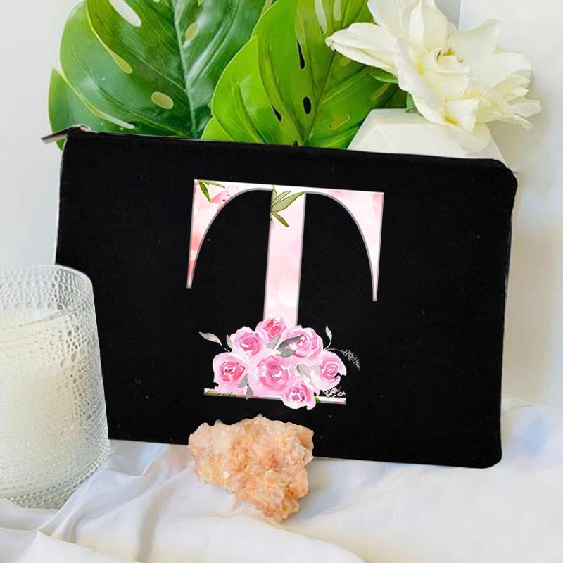 Damen Tasche Make-up Tasche Brautjungfer Make-up Taschen Blumen Alphabet Druck Leinen Reißverschluss Tasche Reise Organizer Etui Mujer Bolsas Kosmetik