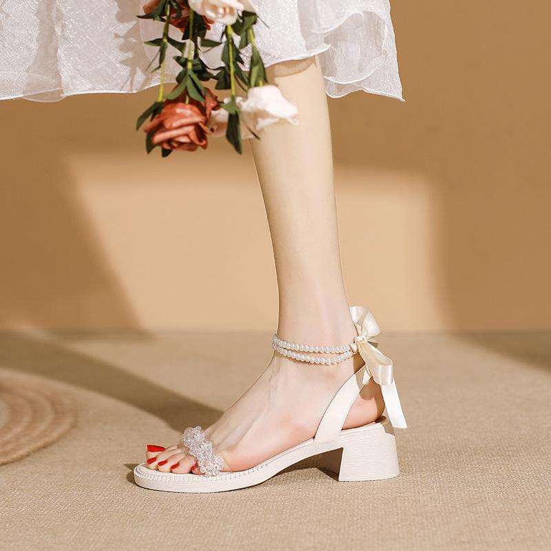 Rhinestone Sandals Women's Pearl Bow Leaky Toe Women's Shoes Fairy Shopping Sandals Women