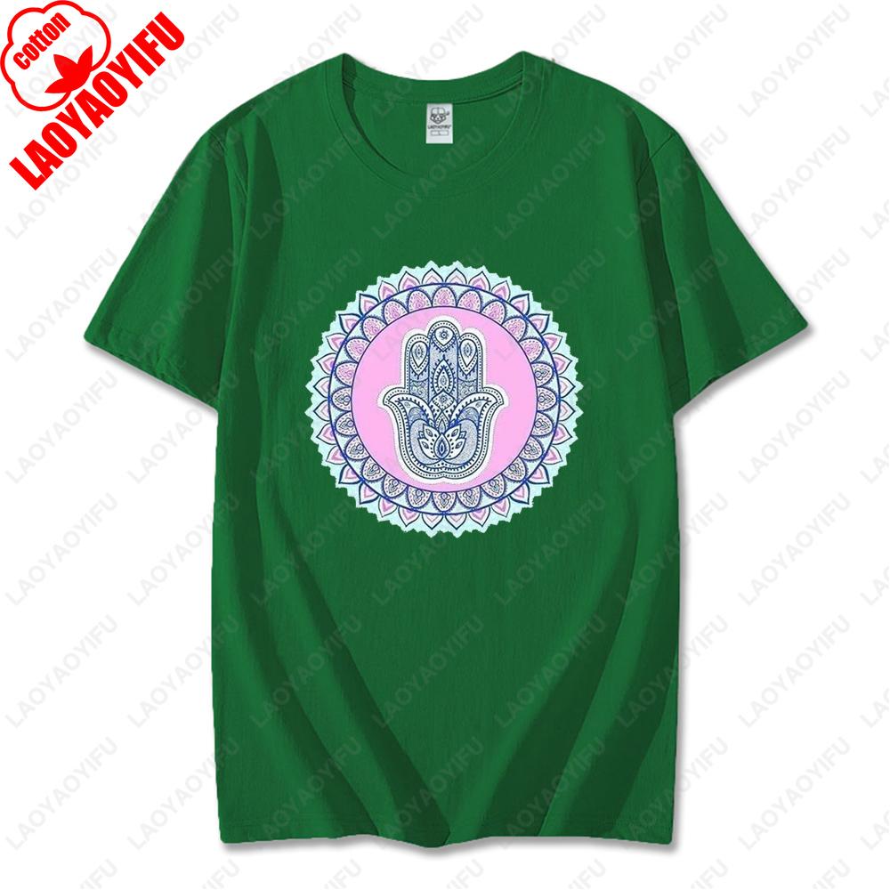 Blue Hamsa Hand Spiritual Protection Cotton Tops for Men Women Namaste Mandala Graphic Regular Short Sleeve Funny Casual Tshirt