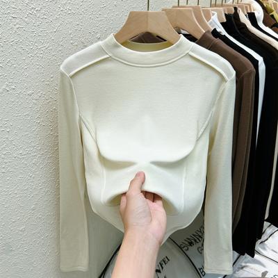 Three-dimensional Line-sensing Fur Velvet T-shirt Base Shirt for Women's Autumn and Winter New Slim Threaded Cotton Long-sleeved Tops