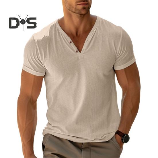 Męski T-shirt z kołnierzykiem henley z krótkim rękawem w jednolitym kolorze, letni, bawełniana mieszanka, casualowy top do noszenia na co dzień, na plażę, w podróży
