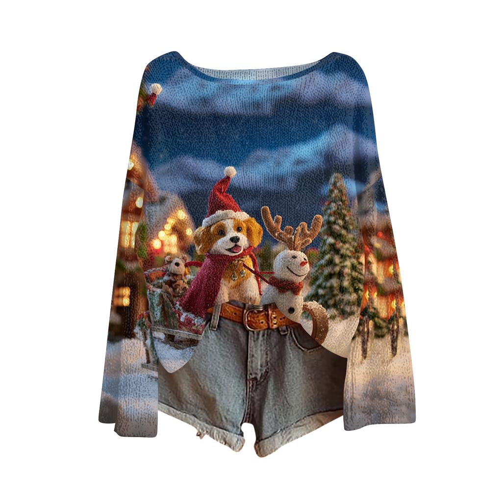 Womens  Fall Sweaters Long Sleeve Print Tops Pullover Sweaters Loose Dressy Casual Basic Clothes