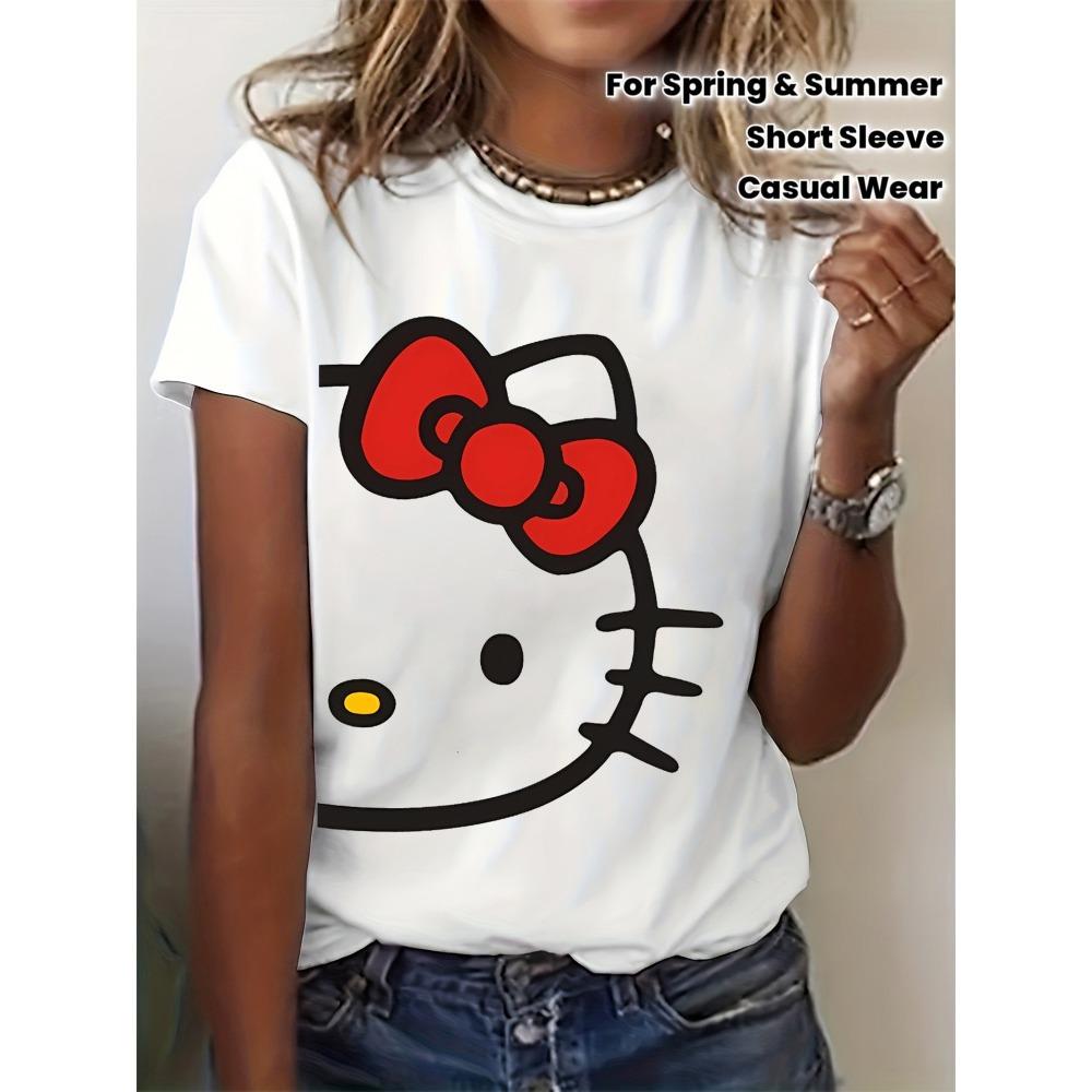 

Sanrio Cartoon Printed Tshirt Half Hello Kitty Head Casual Short Sleeved Round Neck Top Womens Cotton Short Sleeved Shirt S