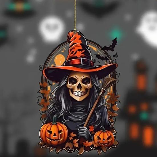 Pumpkin Witch Pendant Decorative Car Rearview Mirror Hanging Charm Acrylic 2D Halloween Christmas Party Decoration