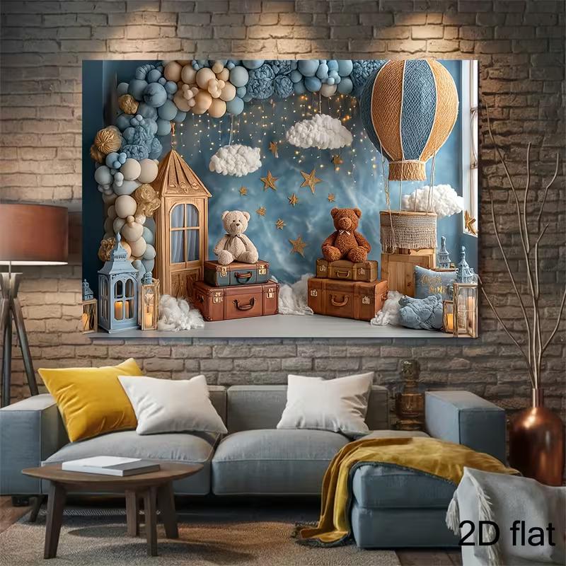2D Teddy Bear Hot Air Balloon Backdrop for Newborn Photography
