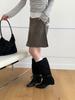 Retro pointed lace-up stacking boots women's autumn new thin mid-tube cowboy boots but knee knight boots