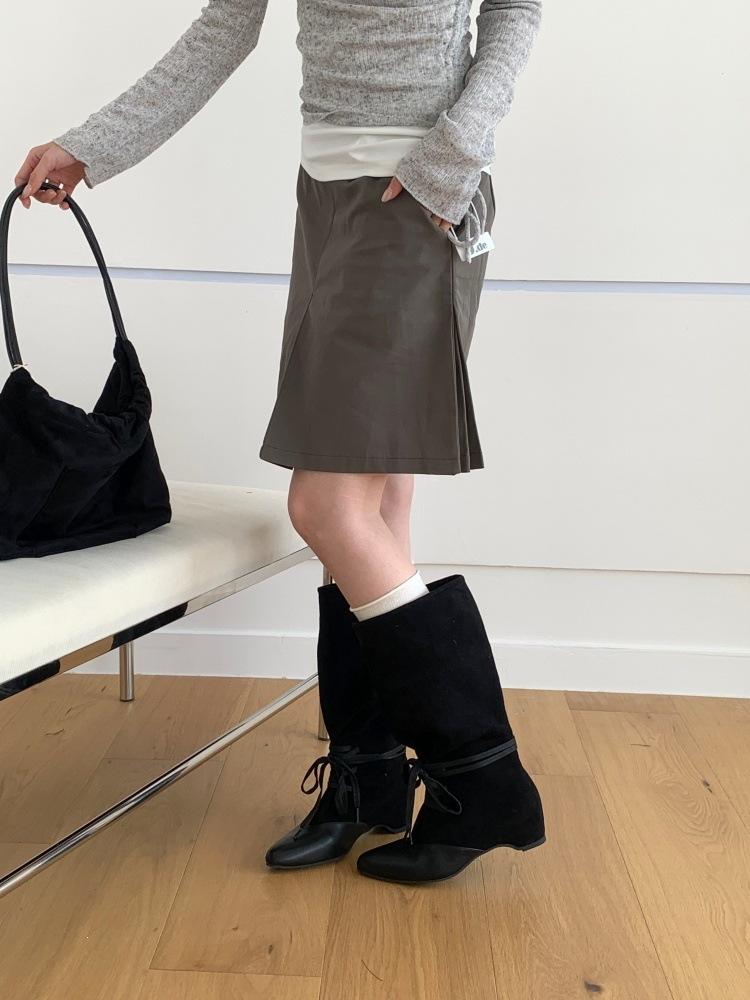 Retro pointed lace-up stacking boots women's autumn new thin mid-tube cowboy boots but knee knight boots