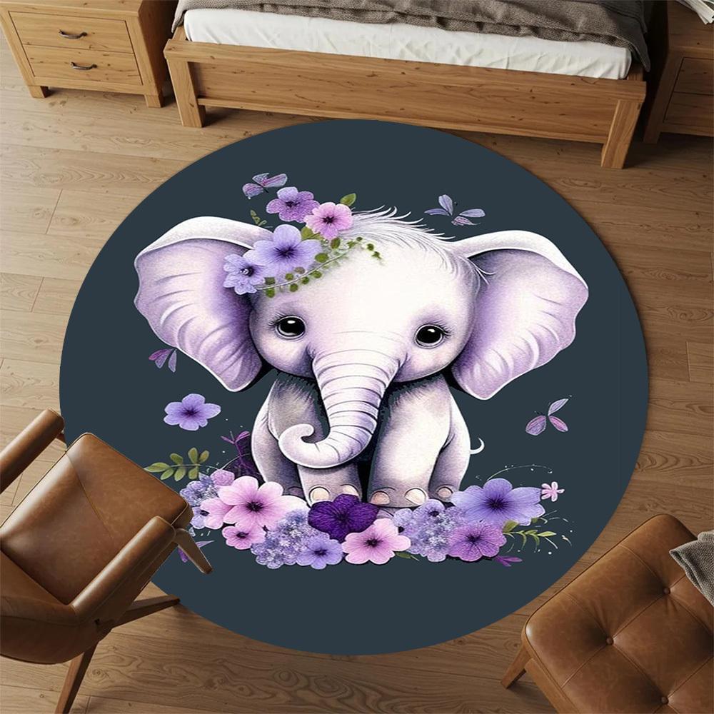 1PC Elephant Flowers Butterflies Round Chair Mat Area Rug - Non-Slip, Floor Mat for Office, Bedroom, Home Decor Christmas Gift C0528028