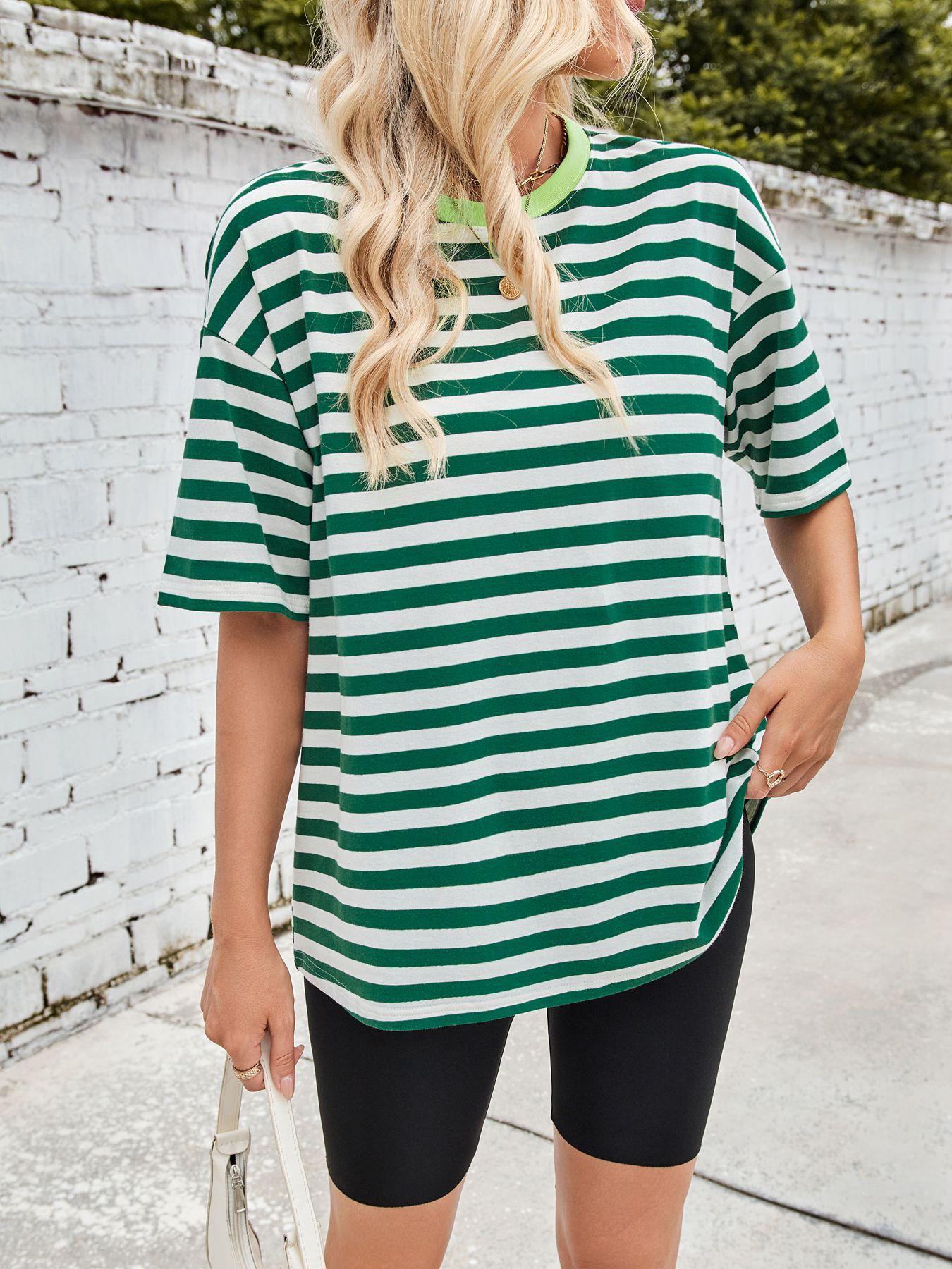 Women Casual Loose Striped Color Block Round Neck Five Quarter Sleeve T Shirt S