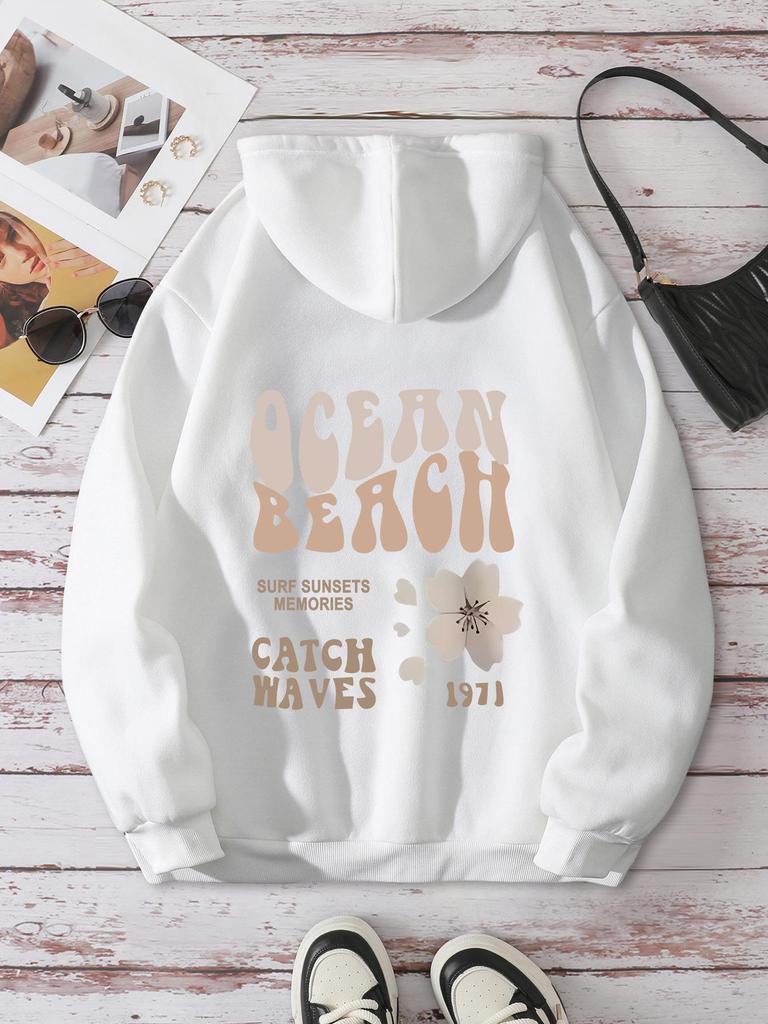 Autumn And Winter Sweater Letter Fashion Printed Shoulder Sleeves Hooded Fleece Sweater Women'S Top
