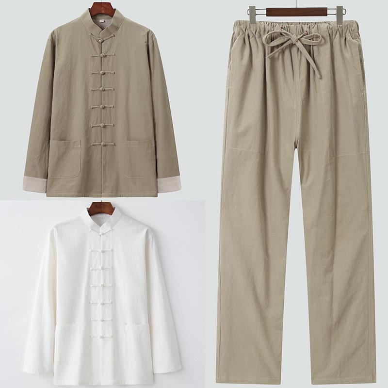 

Men s Cotton Linen Tang Suit Hanfu Set - Middle-Aged Chinese Style Spring/Autumn Jacket with Frog Button, Long Sleeve Three-Piece. XXL