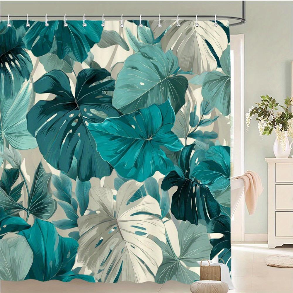 Tropical Monstera Shower Curtain – Teal & Seafoam Leaves, Botanical Polyester, 12 Hooks, 70.8×70.8 In, Machine Washable