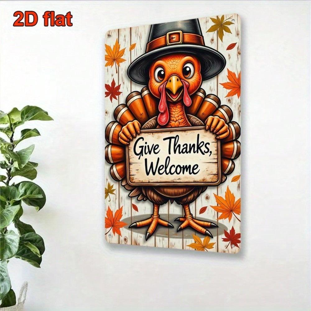 1pc Vintage Turkey Metal Wall Sign, Rustic Give Thanks Welcome Plaque, Smiling Turkey Autumn Leaves Thanksgiving Decor