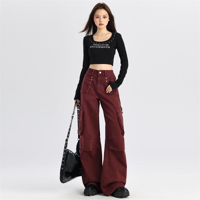 

Ankela Women s Wide-Leg Red Denim Jeans, Spring 2026 Fashion - Wrinkled, Multi-Pocket, Loose Fit L
