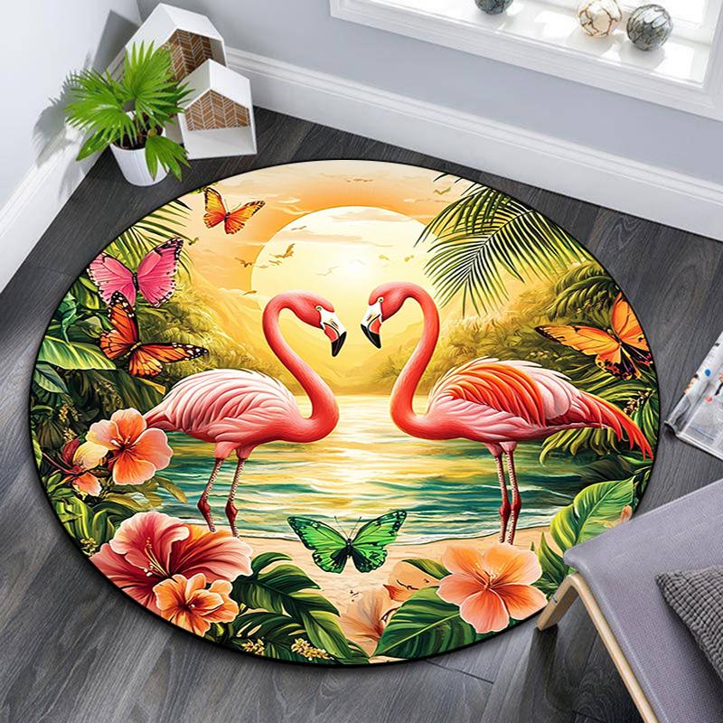 Flamingos Sunset Beach Round Area Rug,Carpet Rug for Living Room Bedroom Sofa Playroom Decor,Non-slip Floor Mat