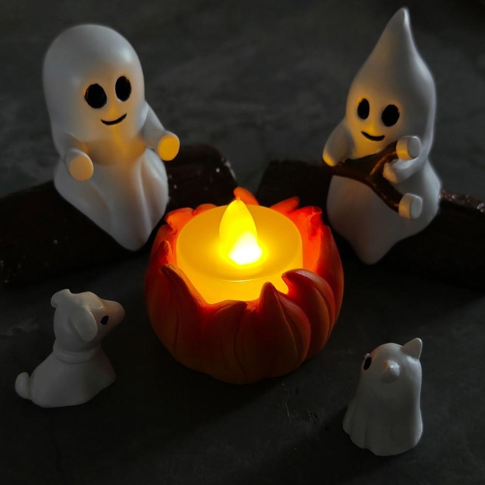 5PCS Resin Halloween Ghost Campfire Dog Cat Statue Cartoon LED Candle Ghost Campfire Gathering Night Light Mini 3D