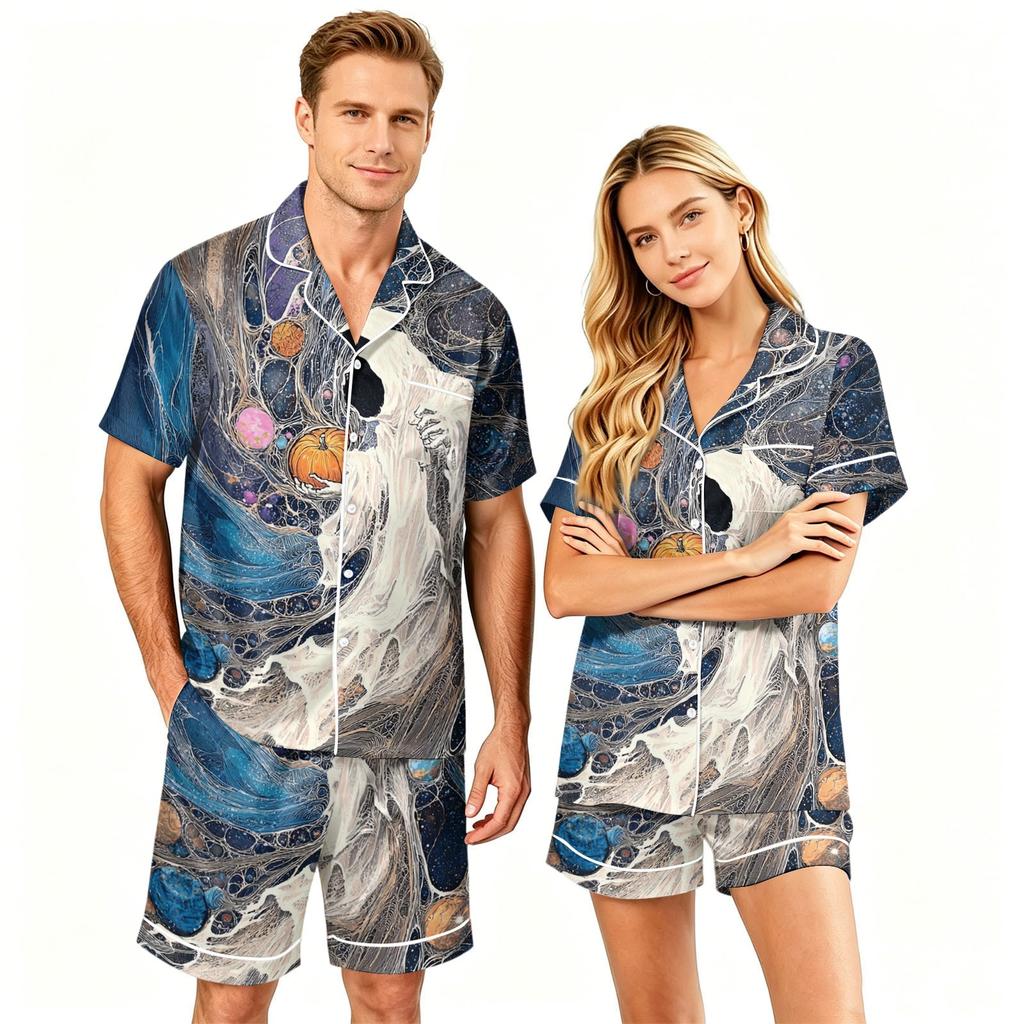 Couple Matching Halloween Pajama Set Short Sleeve Button Down Shirt with Curved Hem and Shorts Soft Casual Sleepwear S To XXXXL